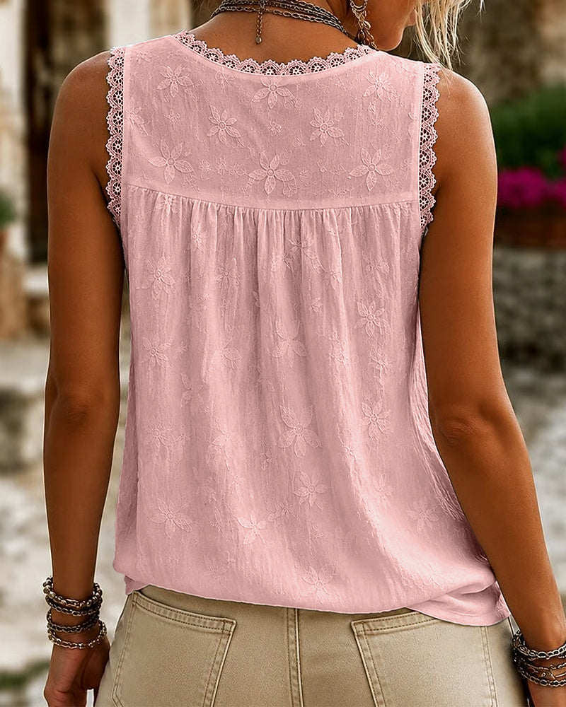 Débardeur Col-V Uni Dentelle