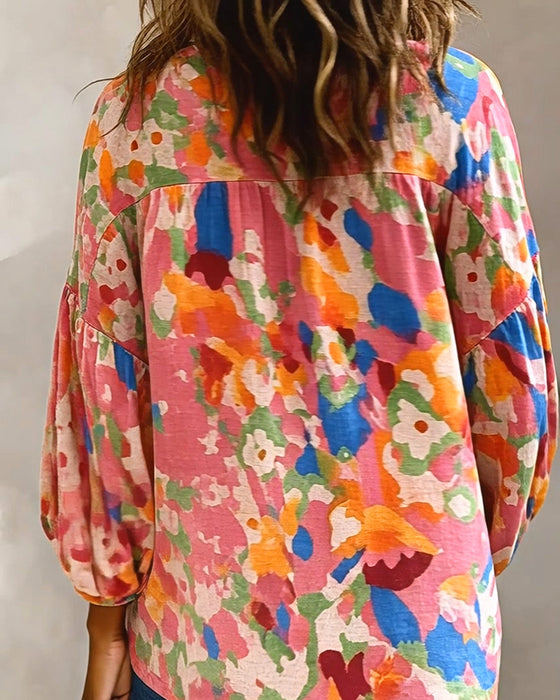 Blouse Coloré Imprimé Manche Lanterne Frange