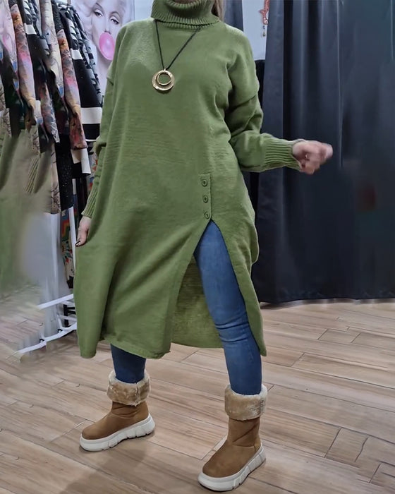 Pull Col Roulé Bouton Fente Long