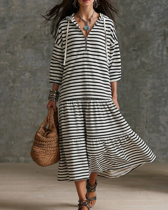 Robe Fermeture Éclair Capuche Rayé À Volants