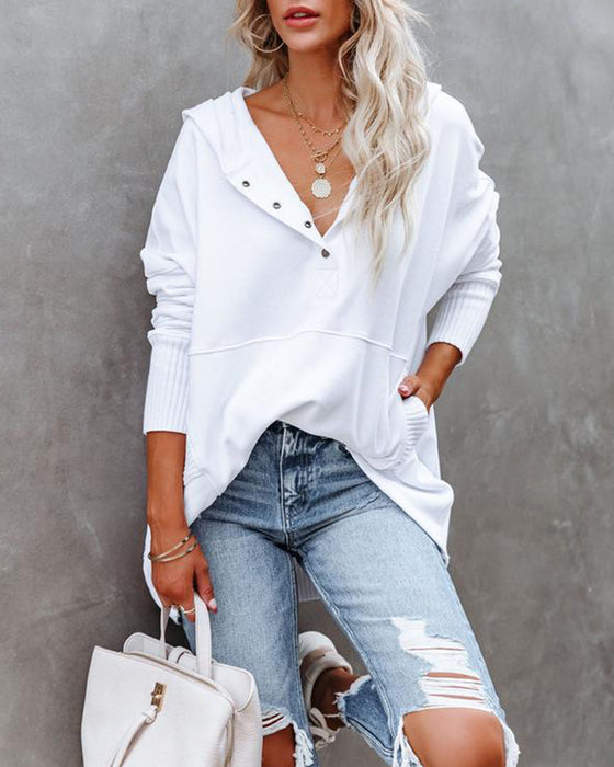 Sweat-shirt décontracté col en V à capuche couleur unie ample