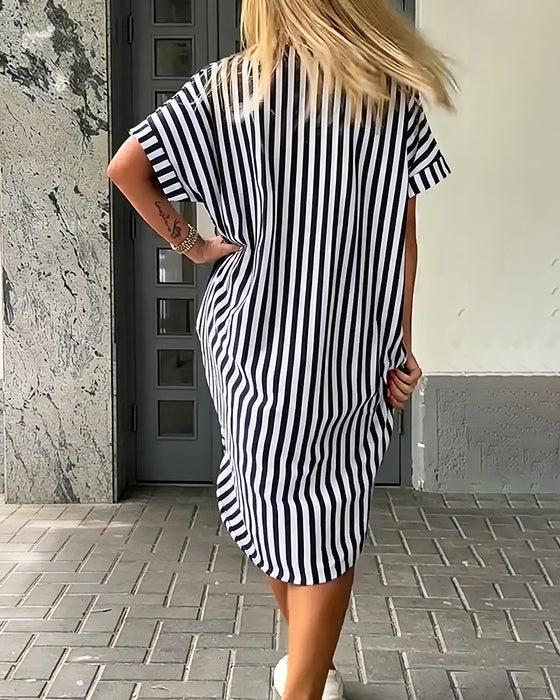 Robe Col Revers Rayures Coupe Irrégulière