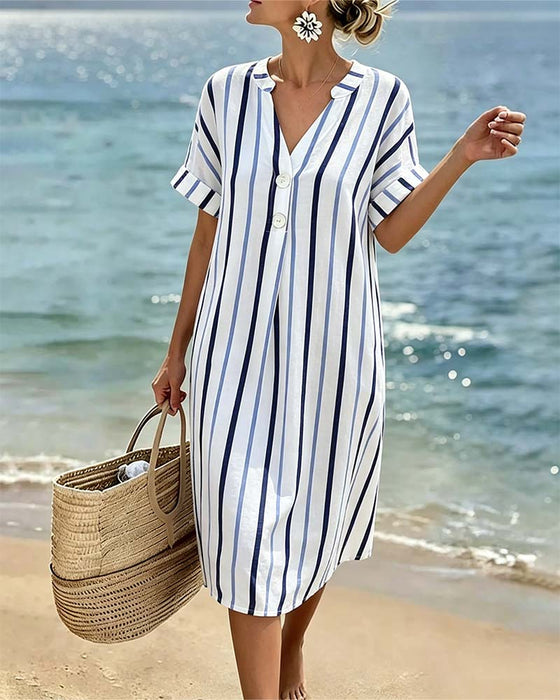 Robe Col V Rayée À Manches Courtes