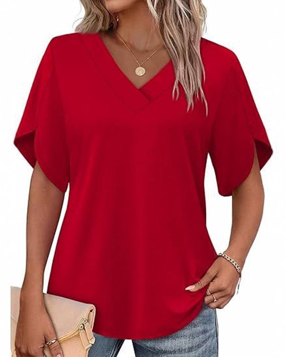 T-Shirt Col En V Petite Fente Manches Courtes Unie