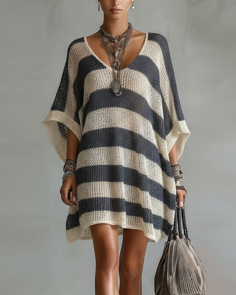 Pull Robe Manche Dolman Imprimé Rayé Découpé