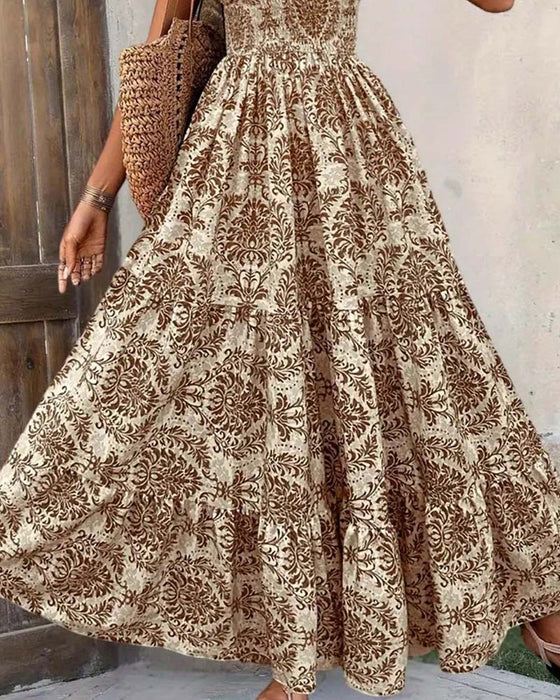 Robe Rétro Imprimé Col En V Taille Cintrée Longue