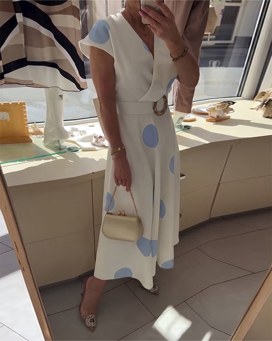 Robe À Pois Col En V Cintrée À La Taille
