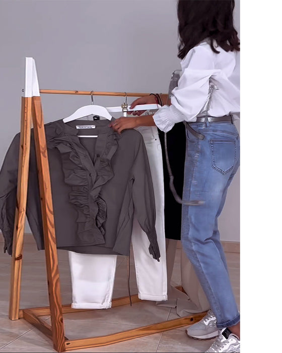 Blouses à col montant à volants de couleur unie