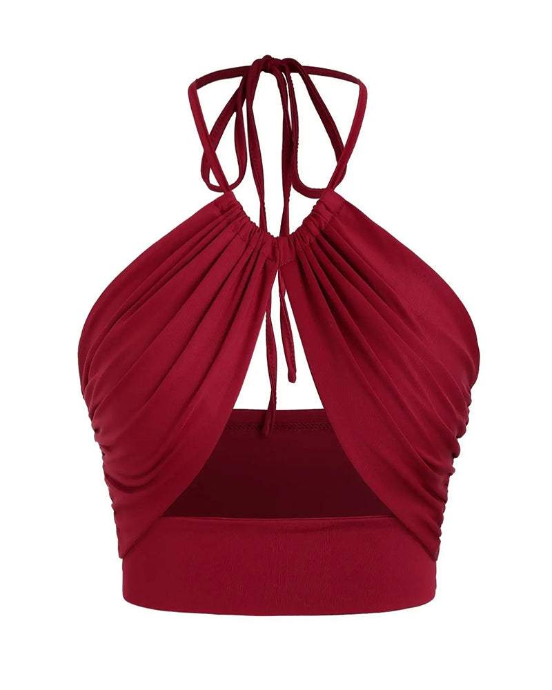 Cami Top Femme Froncé Nœud Dos Col Halter Court