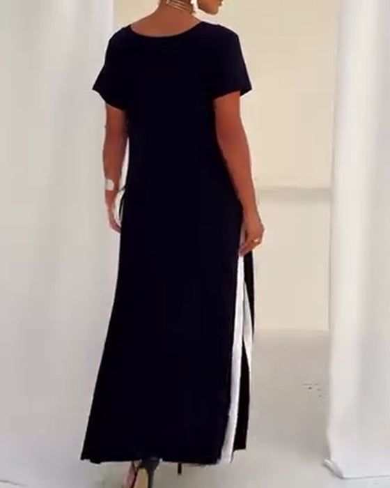 Robe Tempérament Col V Couleur Contrastée