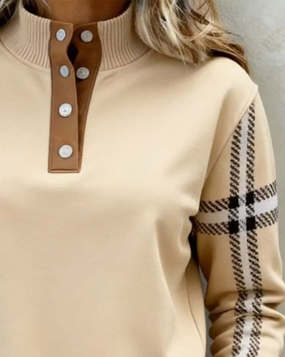 Sweatshirt Col Roulé Bouton Rayé Manches Longues