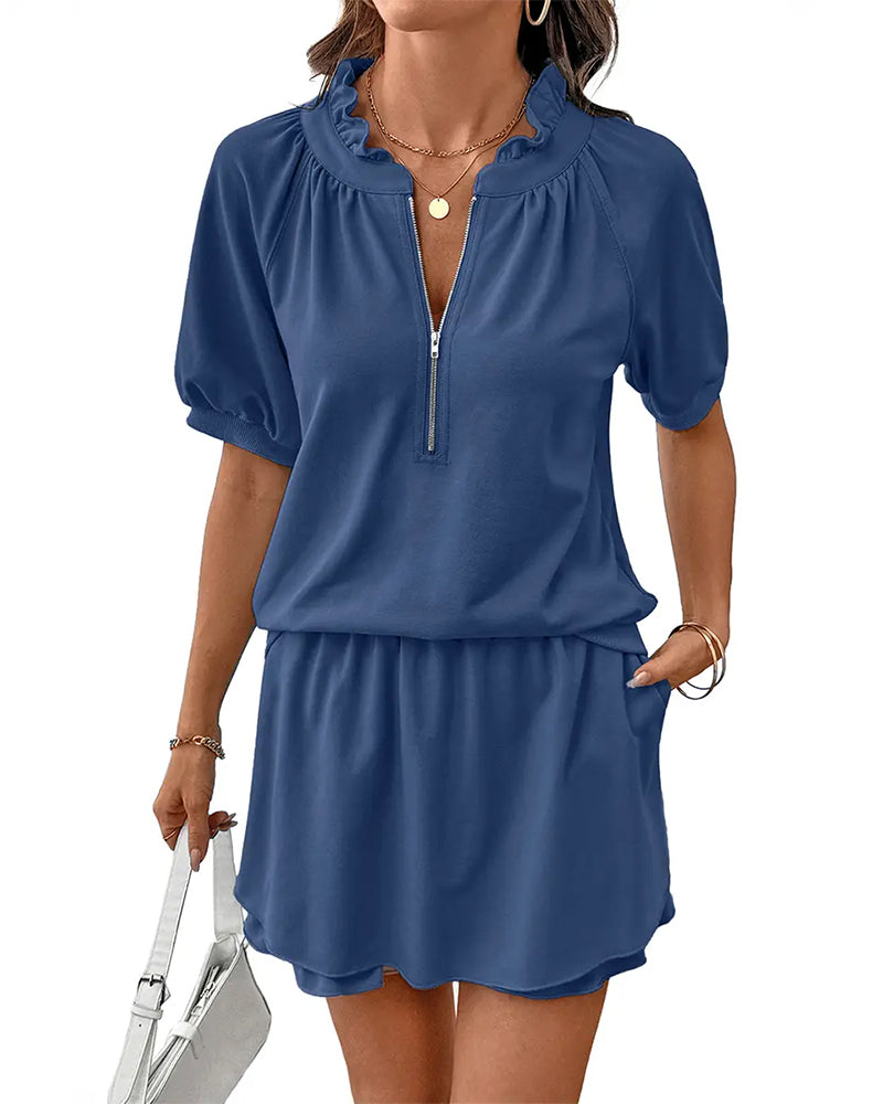 Ensemble Col Volanté Manche Bouffante Blouse Et Jupe