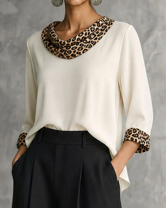 Blouse Léopard Panneau Col Drapé Manche Coude