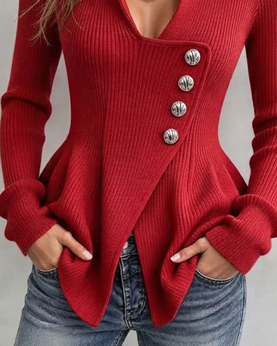 Pull-Over Col Montant Asymétrique Bouton Taille Irrégulière