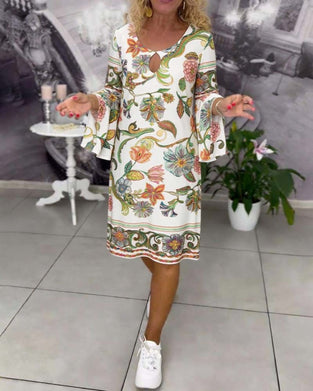 Robe Manches Volantées Imprimée Col Rond