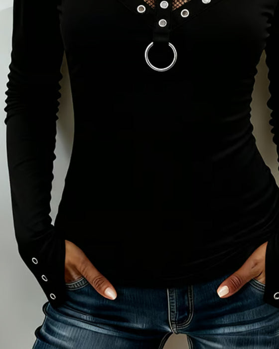 Blouse Col Rond Dentelle Panneau Découpe Anneau Métallique