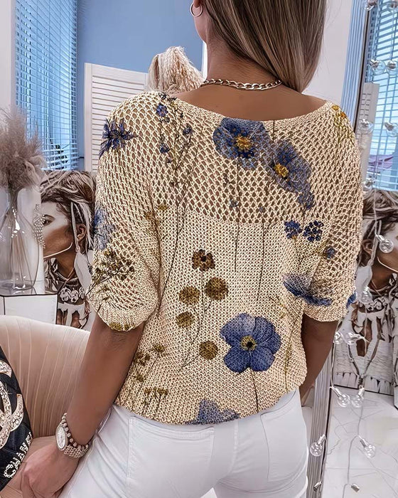 Pullover Col Rond Fleuri Évidé Lâche