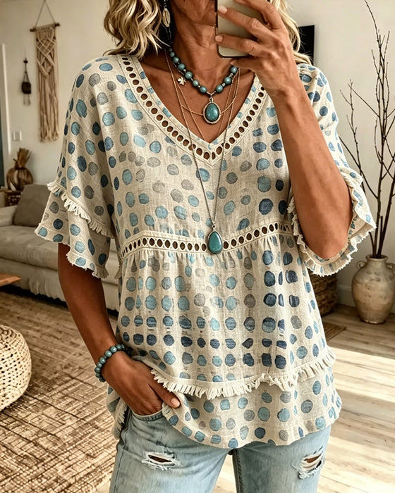 Blouse Frange Col En V À Pois Babydoll