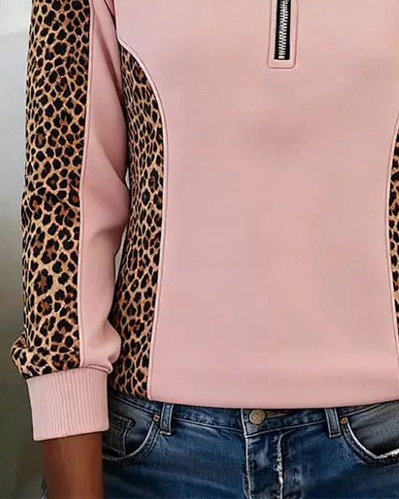 Sweat-Shirt Imprimé Léopard Demi-Zip Revers