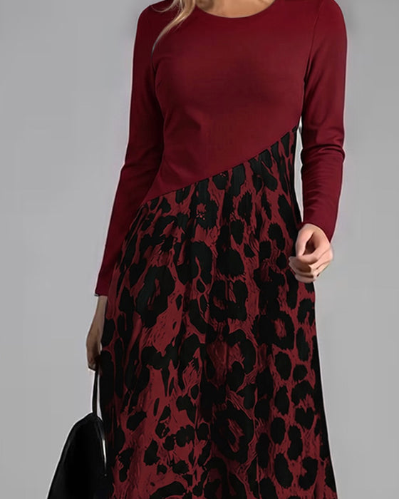 Robe Col Rond Léopard Jupe Ample