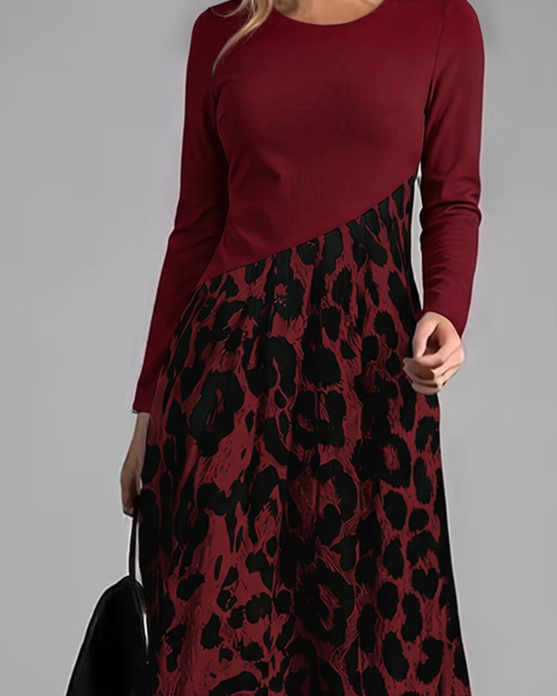 Robe Col Rond Léopard Jupe Ample