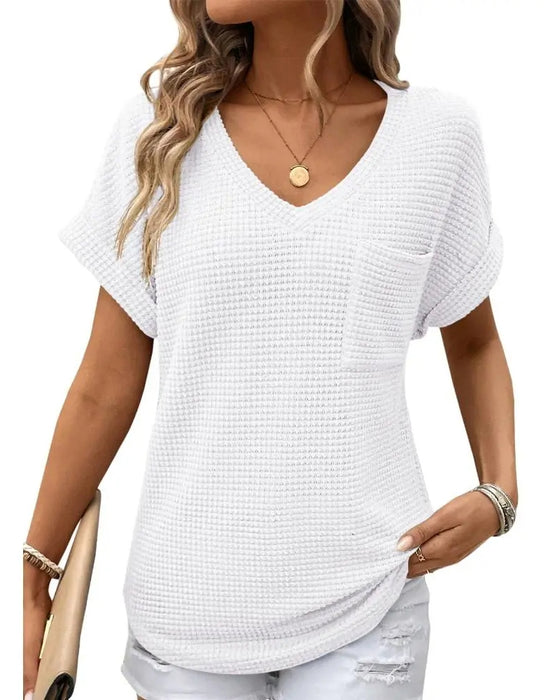 T-Shirt Femme Maille Gaufrée Col V Décontracté Été