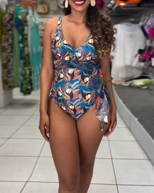 Maillot De Bain Une-Pièce Coloré Imprimé Fendu À Bretelles