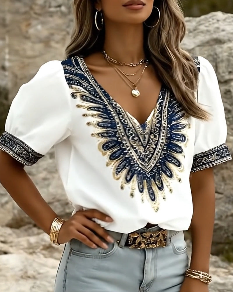 Blouse Imprimé Ethnique Manches Bouffantes