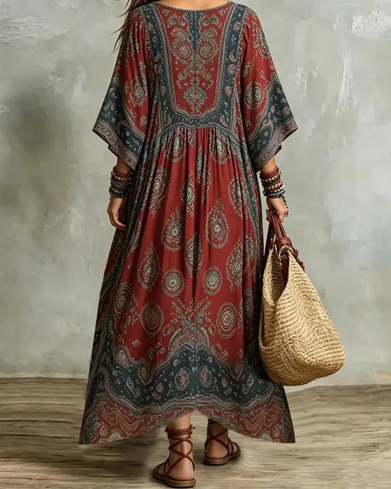 Robe Vintage Bohème Col En V Imprimé Maxi