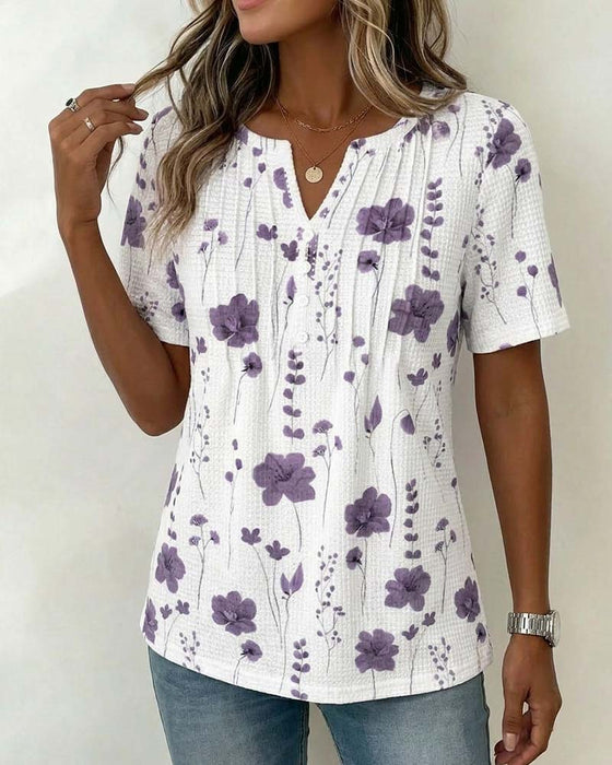 T-Shirt Gaufré Col V Floral