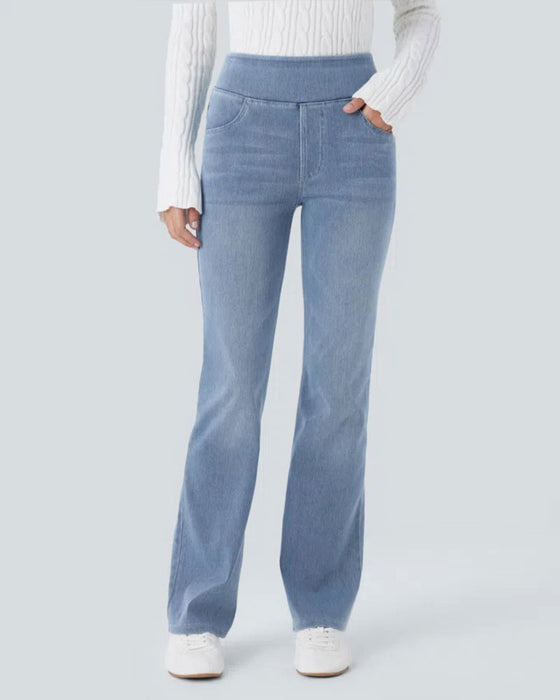 Pantalon Taille Haute Denim Poche Évasé
