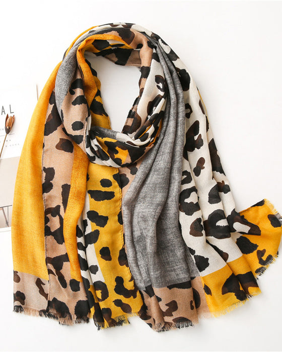 Écharpe Femme Léopard Patchwork Imprimé Franges Châle