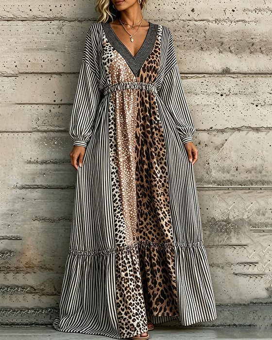 Robe Col V Rayé Imprimé Léopard Patchwork