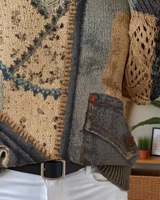 Pullover Col En V Bloc De Couleur Évidé Lâche