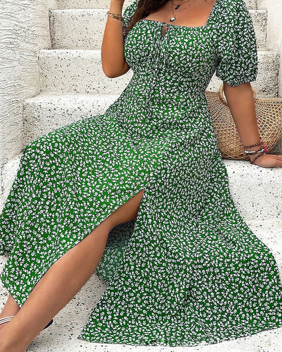Robe Manches Courtes Fendue Imprimé Floral