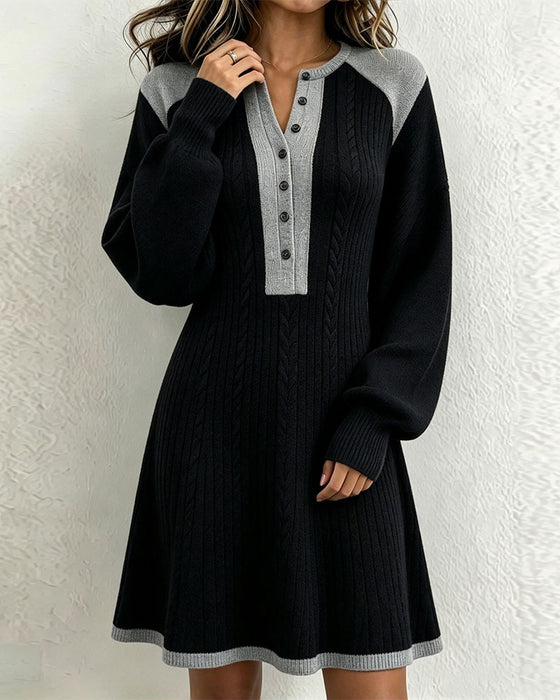 Robe Pull Col V Boutonné Contraste