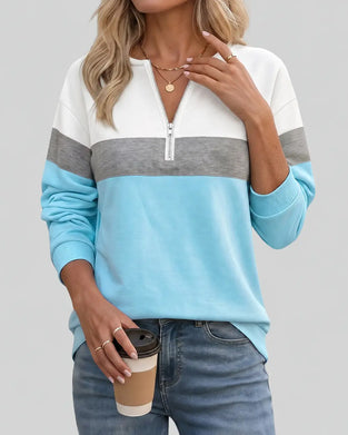 Sweatshirt À Fermeture Éclair, Col Montant Et Bloc De Couleurs Manches Longues