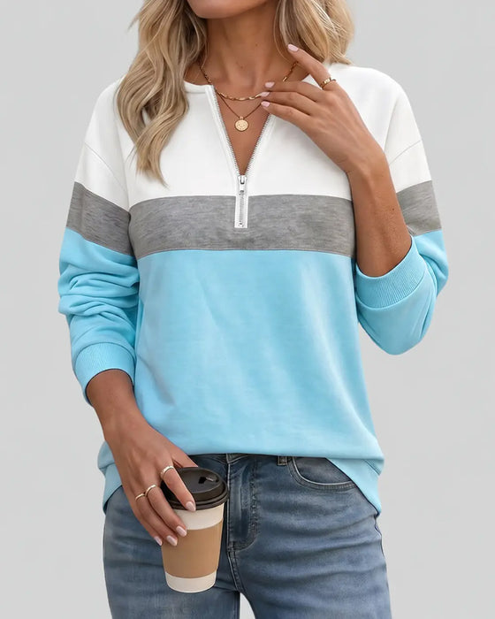 Sweatshirt À Fermeture Éclair, Col Montant Et Bloc De Couleurs Manches Longues