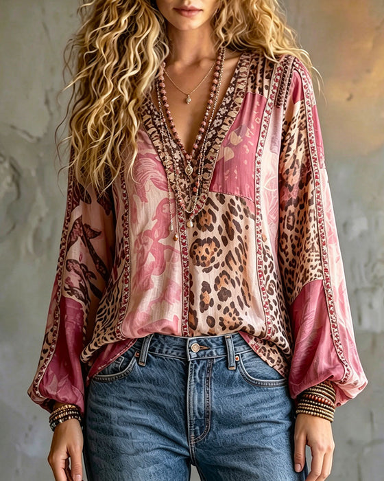 Blouse Col V Léopard Imprimé Bloc Couleur Manche Lanterne