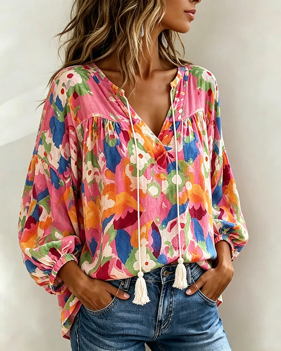 Blouse Coloré Imprimé Manche Lanterne Frange
