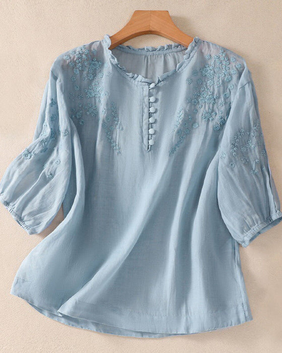 Blouse Broderie Manche 3/4 Unie