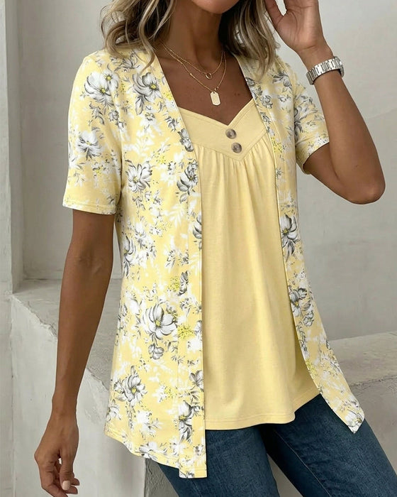 T-Shirt Imprimé Floral Fausse Deux Pièces