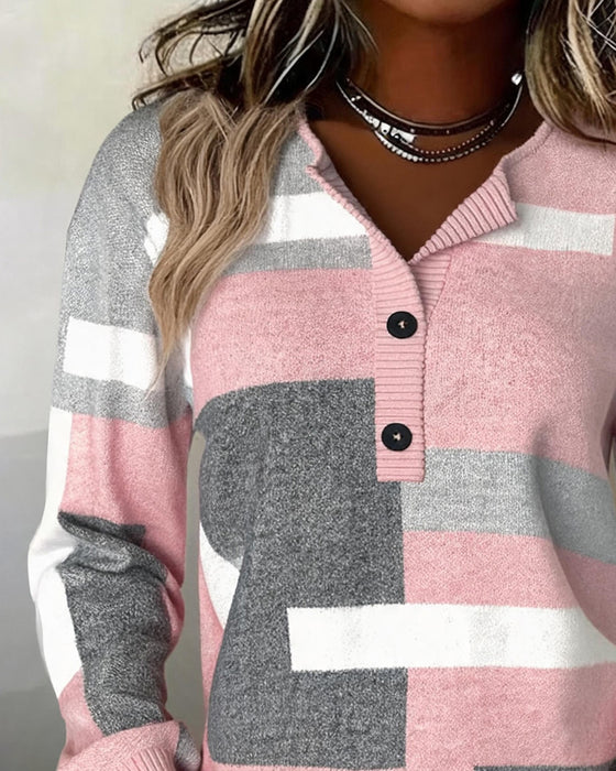 Sweatshirt À Carreaux Bouton-Devant Manche-Longue