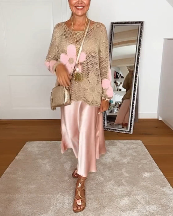 Pull creux décontracté à manches longues et col rond à fleurs