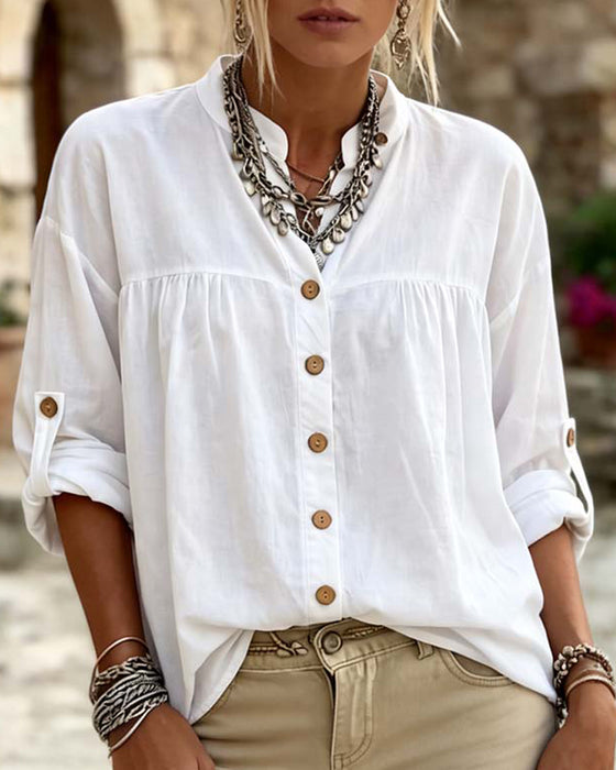 Blouse À Col Montant Manches Longues Couleur Unie Boutonnage