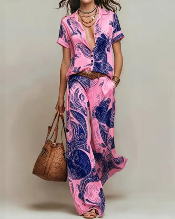 Ensemble Deux-Pièces Vacances Blouse Manches Courtes Poche