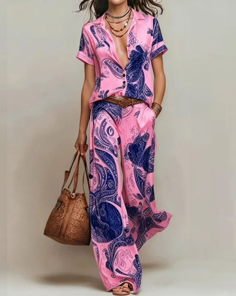 Ensemble Deux-Pièces Vacances Blouse Manches Courtes Poche