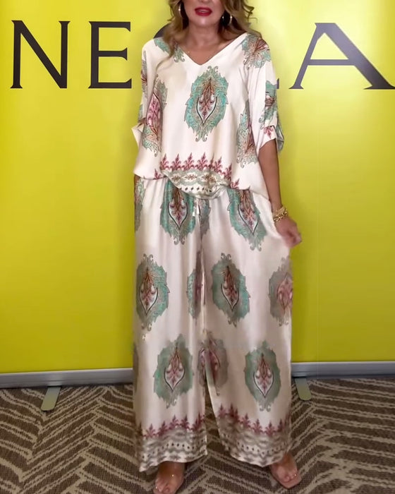 Ensemble Tempérament Encolure En V Fleur De Cajou Pantalon Large