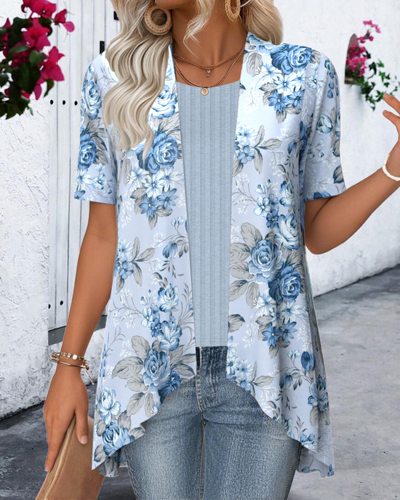 Blouse Imprimée Asymétrique Manches Courtes