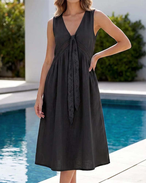 Robe Unie Dentelle Sans Manches
